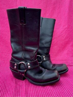Tall Black Leather Harness Motorcycle Boots Cowboy Style - Size 5/6US Women’s